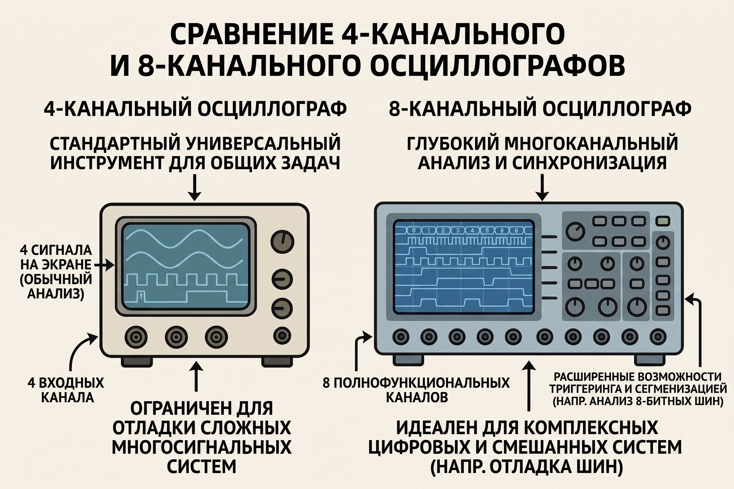 Сравнение 4-канального и 8-канального осциллографов
